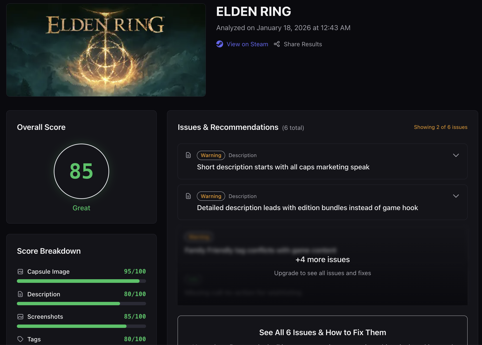 Steam Page Analyzer \u2014 store page analysis dashboard